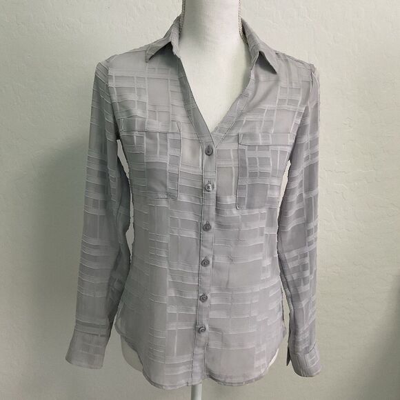 Express Womens Sheer Grey Long Sleeve Geometric Button Up Blouse Size XS - Picture 2 of 10